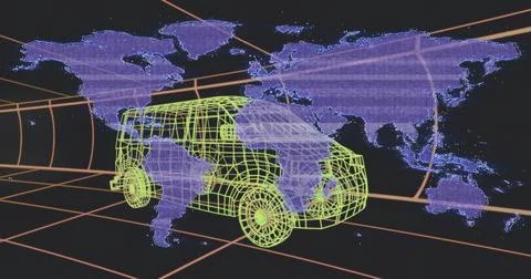 Displaying neon-green wireframe van in virtual simulation, projecting purple Stock Illustration
