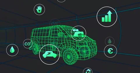 Displaying neon green wireframe van model rotating in 3D tunnel, with HUD icons Stock Illustration