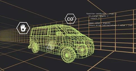 Displaying neon-green wireframe van model rotating in virtual grid, showing HUD Stock-Illustration