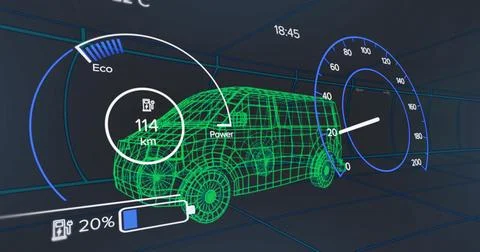Displaying neon green wireframe van rotating in grid 3D tunnel, showing 114 km Stock-Illustration