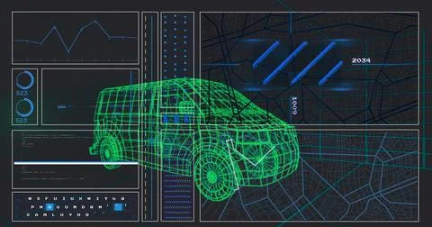 Displaying neon-green wireframe van occupying center on dashboard interface, Ilustración de archivo