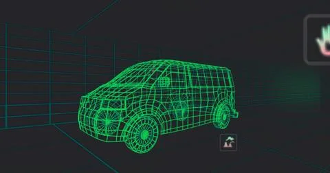 Displaying neon-green wireframe van model resting on perspective grid floor, Stock Illustration