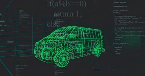 Displaying neon-green wireframe van rotating in CAD workspace, with grid, wheels Stock Illustration