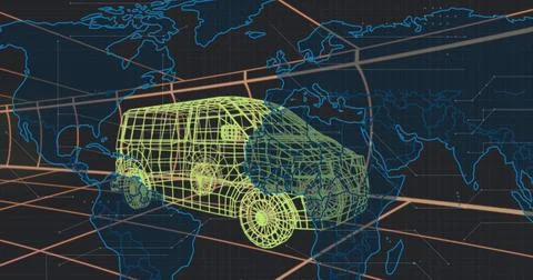 Displaying neon-green wireframe van floating over virtual global map, with Ilustração Stock