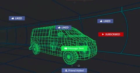 Displaying neon-green wireframe van driving in virtual tunnel with teal grid, Stock Illustration