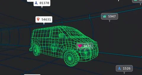Displaying neon-green wireframe van showing wheels in teal tunnel with badges Stock Illustration