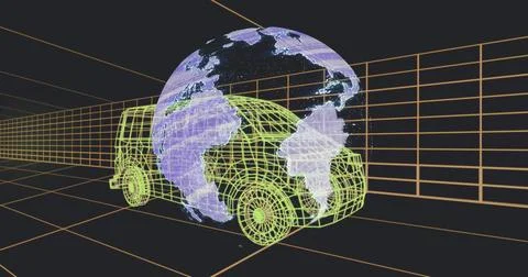 Displaying neon-green wireframe van with holo globe in orange grid tunnel, Illustrazione stock