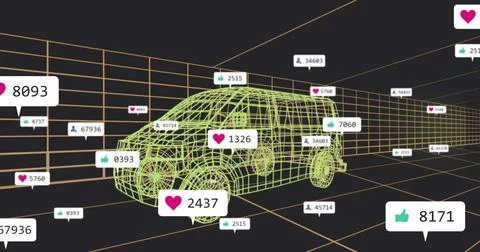 Displaying neon green wireframe van hovering in 3D grid space, with orange grid Stockfoto's
