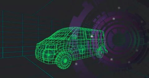 Displaying neon green wireframe van model rotating in dark virtual grid studio, Stock Photos