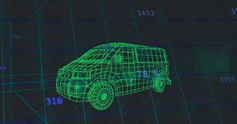 Displaying neon-green wireframe van in virtual 3D grid, showing blue numeric Stock Photos