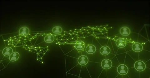 Displaying neon-green wireframe world map linking glowing nodes and avatars on Illustrazione stock