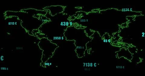Displaying neon-green world map outline pulsing with cyan labels and currency Stock Illustration