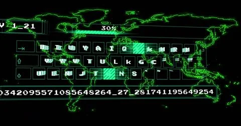 Displaying neon green world map with virtual keyboard overlay in terminal, Illustrazione stock