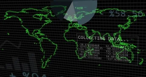 Displaying neon green world map outline centered on monitor, showing faint data Stock Illustration