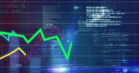 Displaying neon green zigzag chart tracking sharp dip then rise on dark Stock Illustration