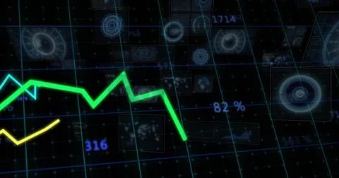 Displaying neon green zigzag graph fluctuating on HUD with blue grid, yellow Stock Photos