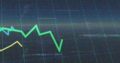 Displaying neon green zigzag line graph pulsing on blue grid dashboard with Stock Illustration
