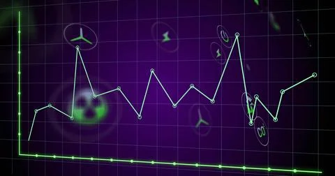 Displaying neon green zigzag line with node markers on purple grid screen, Stock Illustration