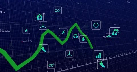 Displaying neon-green zigzag line chart on dark-blue grid dashboard, showing CO2 Stock Illustration