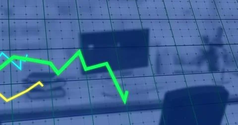 Displaying neon-green zigzag line graph across workstation overlay, showing Stock Photos