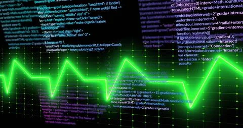 Displaying neon green zigzag waveform line running on grid display, with whit Foto stock