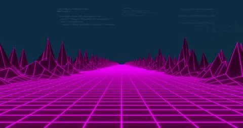 Displaying neon grid plane and wireframe peaks stretching to horizon in 3D scene Illustrazione stock