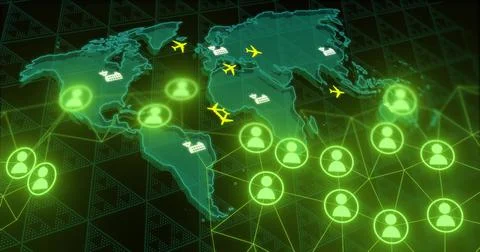 Displaying neon hologram map linking network on dashboard, showing green avatar Illustrazione stock