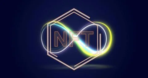 Displaying neon infinity loops around segmented hexagon in studio with pixelated Stock Photos