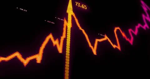 Displaying neon jagged line graph running on black screen, showing yellow mar Fotos de archivo