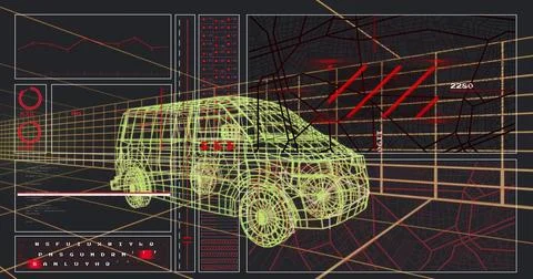 Displaying neon lime yellow wireframe van occupying center of virtual 3D studio, Illustration