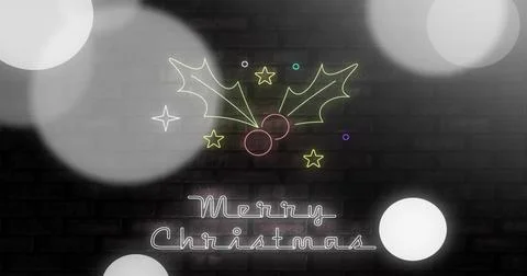Displaying neon 'Merry Christmas' script sign glowing on dark brick wall, with Stock Illustration