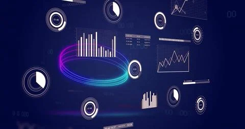 Displaying neon multicolor torus ring encircling vertical bar chart on navy d Illustrazione stock
