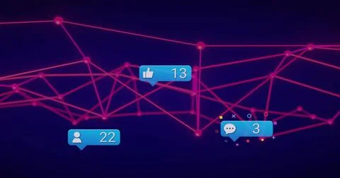 Displaying neon network graph across dashboard, showing magenta nodes and blu 스톡 일러스트
