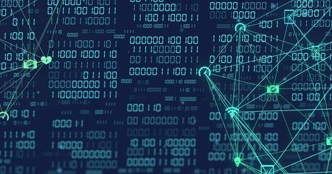 Displaying neon network graph glowing on right side in navy backdrop, with Illustrazione stock