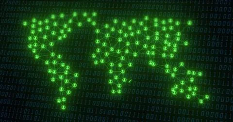 Displaying neon network tracing world map over binary digits featuring nodes, 스톡 일러스트