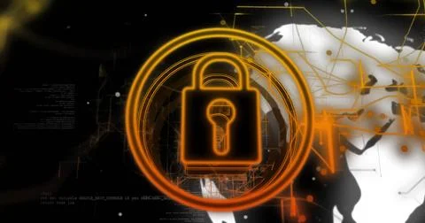 Displaying neon orange padlock icon sitting at center in cyberspace, radiating イラスト素材