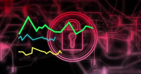Displaying neon padlock in circles on dark interface with 3 line graphs, glowing 库存插图