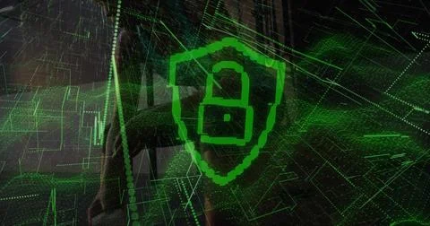 Displaying neon padlock hovering over 3D grid at secure ops center, faint Stock Photos
