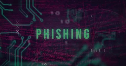 Displaying neon PHISHING label centered, pulsing over cyber grid with teal PCB Stock Illustration
