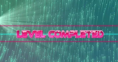 Displaying neon pink 3D LEVEL COMPLETED text on teal matrix background with Illustrazione stock