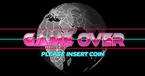 Displaying neon pink GAME OVER text with turquoise stripes over globe on black Stock Photos
