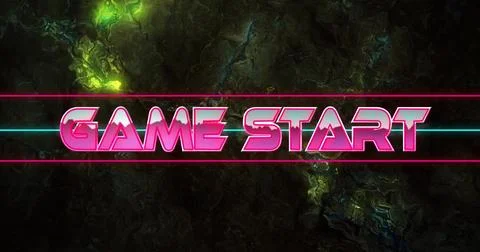 Displaying neon-pink GAME START text centered in digital design, with cyan Stock Illustration