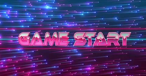 Displaying neon pink GAME START text on retro wave gaming screen, with moving Stock Illustration