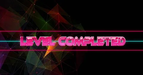 Displaying neon pink LEVEL COMPLETED text over mesh in game interface with neon 스톡 일러스트