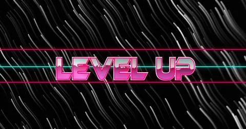 Displaying neon pink LEVEL UP text with pink lines and cyan stripe on black Illustrazione stock