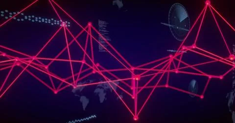Displaying neon-pink network centered on dashboard, showing glowing nodes, Stock Illustration