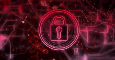Displaying neon pink padlock icon glowing in circle outline on dark red network Stock Illustration