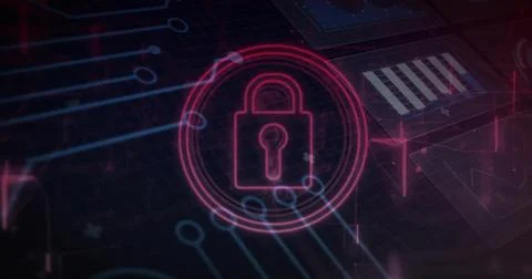 Displaying neon pink padlock icon glowing within concentric rings in dashboard, Stock Photos
