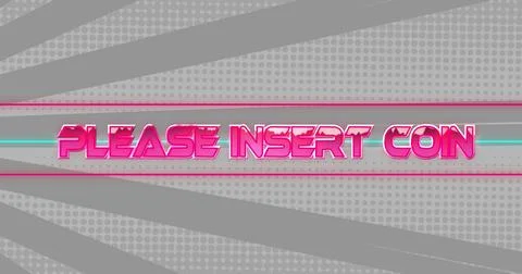 Displaying neon pink PLEASE INSERT COIN text on retro arcade interface, with Stock Photos