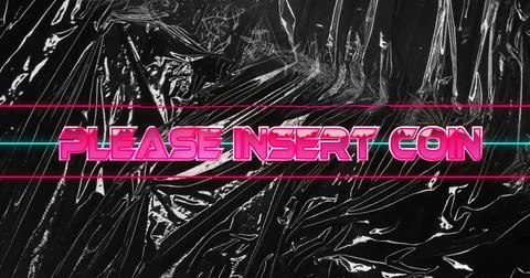 Displaying neon-pink PLEASE INSERT COIN text glowing on crinkled plastic sheet, Stock Photos